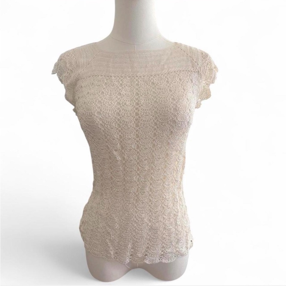 70s Delicate Lace Cap-Sleeve Top - Cream